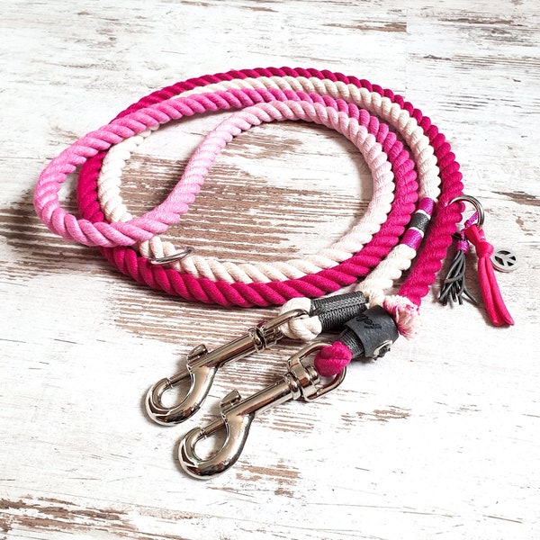 Correa de perro Ombre *Holi* Sugar Punk - hecha de cuerda de algodón teñida a mano - color rosa y gris - detalles seleccionables en plata, oro u oro rosa