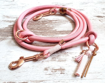 May include: A pink leather dog leash with a rose gold clasp and a matching pink tassel. The leash is coiled and ready for use.