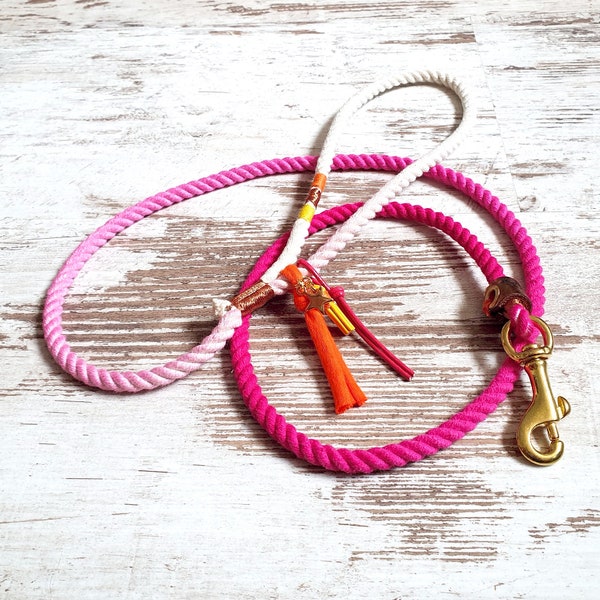 Ombre dog leash *Holi* Pink Flamingo - hand-dyed cotton rope - details in silver, gold or rose gold