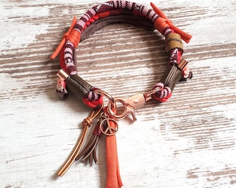 Dog collar *Vagabond* Retro Passion - made of dyed cotton rope - color red and brown - details available in silver, gold or rose gold