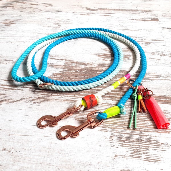 Ombre dog leash *Holi* Summerlove - made of hand-dyed cotton rope - color turquoise - details selectable in silver, gold or rose gold