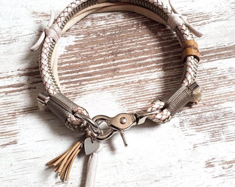 Dog collar *Vagabond* Chichi Ivory - made of rope and leather - color taupe and mother of pearl - details available in silver, gold or rose gold