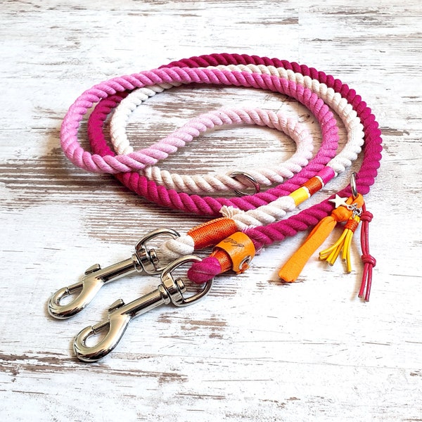 Correa para perros Ombre *Holi* Pink Flamingo - hecha de cuerda de algodón teñida a mano - detalles en plata, oro u oro rosa