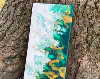 Acrylic Pour Painting - “Emerald Fire” - Original Art, Unique Artwork, Home Decor, Green and Gold, Interesting, Wall Hanging, Flow Art, Cool