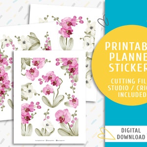 Watercolor floral corner and border stickers. Instant download planner sticker kit. Pink Orchid Stickers / SS-0025