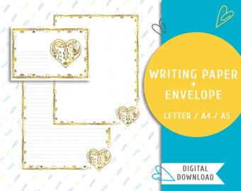 Printable writing paper. Printable letter paper and an envelope. Instant download printable mailing stationary. Gold Heart / WP-0004