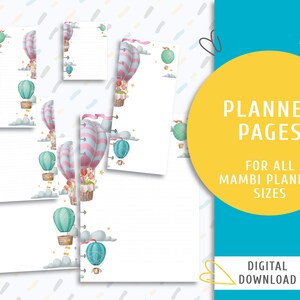 Peut inclure: Téléchargement numérique de pages de planificateur avec des illustrations de montgolfières aux couleurs pastel. Les pages comprennent des mises en page lignées et pointillées, avec le texte "PLANNER PAGES FOR ALL MAMBI PLANNER SIZES" et "DIGITAL DOWNLOAD".