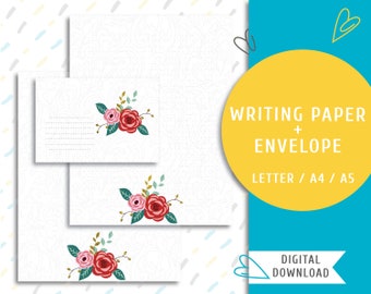 Printable writing paper. Printable letter paper and an envelope. Instant download printable mailing stationery. Royal Flower / WP-0002