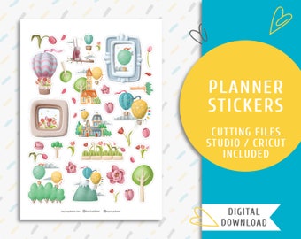 Watercolor Hot Air Balloon Stickers. Instant download planner sticker kit. Hot Air Balloon / SS-0058
