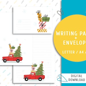 Papel para escrever para imprimir. Papel de carta para impressão e um envelope. Papel de carta para impressão com download instantâneo. Carro de Natal / WP-0014