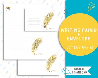 Printable writing paper. Printable letter paper and an envelope. Instant download printable mailing stationery. Gold Feather / WP-0008