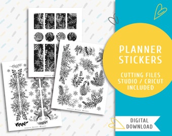 Winter Flower stickers. Instant download planner sticker kit. Black Flowers Stickers / SS-0039