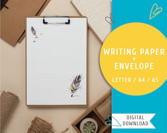 Printable writing paper or letter paper with printable envelope. Printable stationery - Letter paper with colorful feather. Instant download