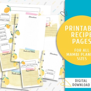 Printable recipe planner pages. Printable The Happy Planner inserts. Instant download recipe page kit. Vintage Lemon Recipe Pages / PP-0032