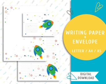 Printable writing paper. Printable letter paper and an envelope. Instant download printable mailing stationery. Rocket / WP-0005