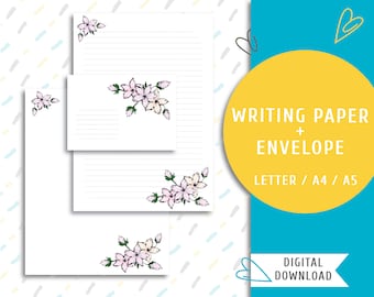 Printable writing paper. Printable letter paper and an envelope. Instant download printable mailing stationery. Violet / WP-0006