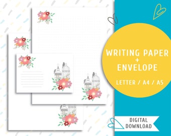 Printable writing paper. Printable letter paper and an envelope. Instant download printable mailing stationery. Birds and Flowers / WP-0001