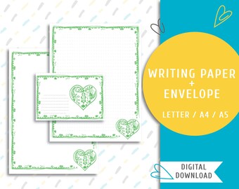 Printable writing paper. Printable letter paper and an envelope. Instant download printable mailing stationery. Green Heart / WP-0003