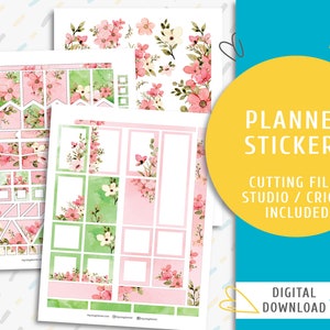 Watercolor floral banners and border stickers. Instant download planner sticker kit. Pink Flower Stickers / SS-0053