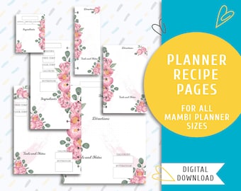 Printable recipe planner pages. Printable The Happy Planner inserts. Instant download recipe page kit. Pink Bloom Recipe Pages / PP-0057