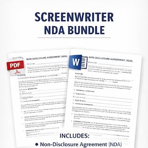 May include: A bundle of legal documents for screenwriters. The image features two Non-Disclosure Agreement (NDA) templates, one as a PDF and the other as a Word document. The text includes "SCREENWRITER NDA BUNDLE" and "INCLUDES: Non-Disclosure Agreement (NDA) and Script Submission Release Agreement."