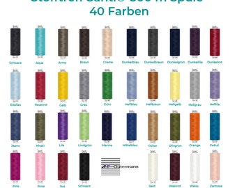 May include: A chart of 40 different colors of Gütermann® TOLDI sewing thread. The thread is 500 meters long and comes on a spool. The thread is 100% polyester. The chart includes the following colors: black, aqua, army, brown, creme, dark blue, dark brown, dark green, dark purple, dark red, light blue, light brown, light yellow, light gray, light purple, jeans, khaki, lilac, light green, navy, medium blue, ochre, olive green, orange, petrol, pink, rose, red, black, white, burgundy, white, and peach.