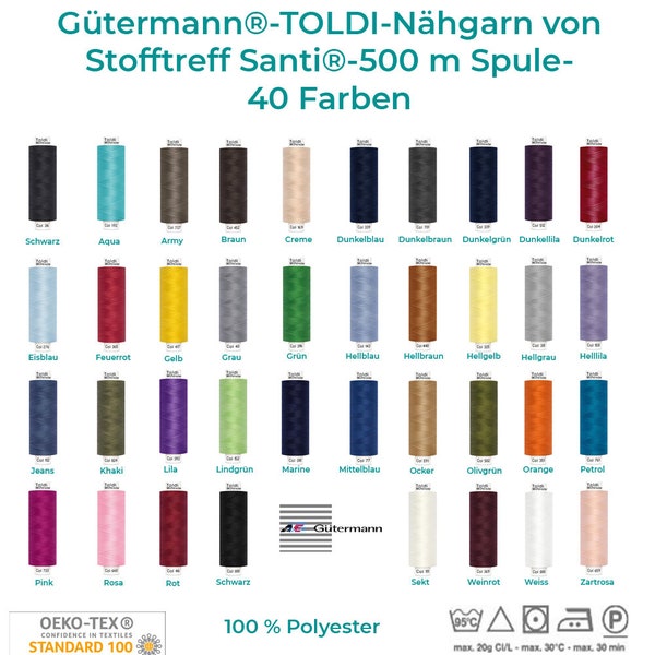 Fil à coudre Gütermann TOLDI Bobine de 500 m pour tous les couturiers, fil à coudre de Stofftreff Santi® en 40 couleurs différentes