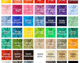 May include: A color chart with 48 fabric swatches, each labeled with a number and a color name in German. The swatches are arranged in a grid of 6 rows and 8 columns. The colors include yellow, orange, red, pink, blue, green, brown, gray, white, and black.