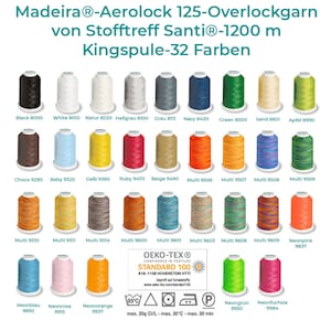 May include: A chart of 32 colours of Madeira Aerolock overlock thread spools. The spools are arranged in rows and labelled with colour names and numbers. The chart also includes the Oeko-Tex Standard 100 logo and washing instructions.