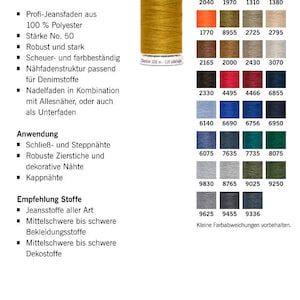 Könnte beinhalten: Eine Spule Gütermann Denim 100 m Garn in goldgelber Farbe. Das Garn ist 100% Polyester und eignet sich zum Nähen von Denimstoffen. Das Bild zeigt auch eine Farbkarte mit 35 verschiedenen Garnfarben.