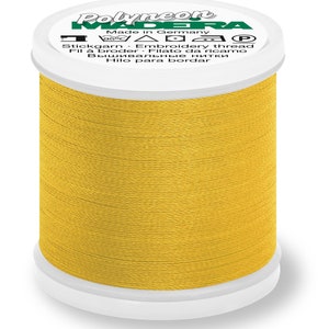 May include: A spool of yellow embroidery thread with the brand name "Polyneon Madeira" and the text "Made in Germany" on the label.