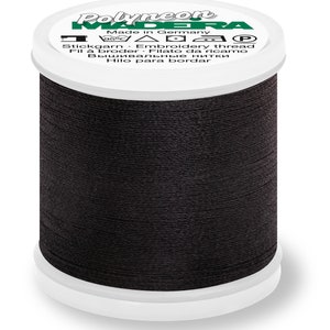 May include: A spool of black embroidery thread labeled "Polyneon Made in Germany 95&deg;C  △□▽□P Stickgarn Embroidery thread Fil &agrave; broder Filato da ricamo Вышивальные нитки Hilo para bordar"