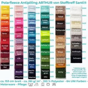 May include: A color chart of 64 different colors of polar fleece fabric. The chart is labeled with the color name and a number. The fabric is described as anti-pilling and 100% polyester. The chart also includes care instructions for the fabric.