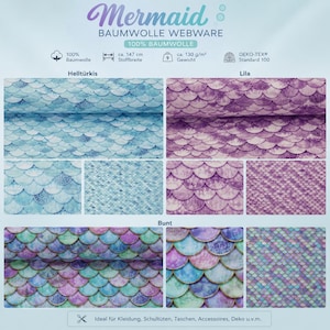 Puede incluir: Tela de algodón Mermaid con un patrón repetitivo de escamas de pez en tres variantes de color: turquesa claro, morado y una mezcla multicolor. El tejido es 100% algodón con un ancho de 147 cm y un peso de 130 g/m².