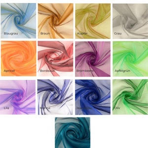 Könnte beinhalten: Eine Sammlung von 10 Stoffproben aus durchsichtigem Organza in verschiedenen Farben, darunter Blau, Braun, Kupfer, Grau, Orange, Rot, Lila, Grün, Türkis und Türkis. Der Stoff wird als "Organza schimmernd Barby" bezeichnet und hat eine Breite von 147 cm, ein Gewicht von 21 g/m² und besteht aus 50 % Nylon und 50 % Polyester.
