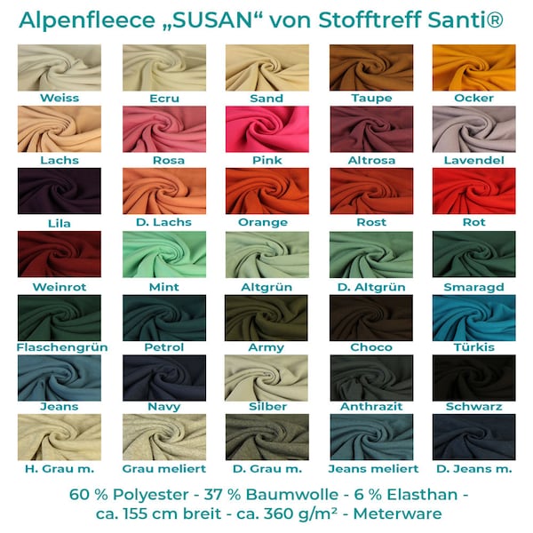 Polaire alpine "SUSAN" de Stofftreff Polaire câline Santi® - marches de 0,5 m - vendu au mètre - polaire d'hiver - largeur environ 155 cm - 360 g/m² - 35 couleurs