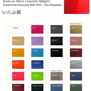 Könnte beinhalten: Eine Farbkarte für Kunstleder Manuela, ein Kunstleder. Die Karte zeigt eine Reihe von Farben, darunter Weiß, Rosa, Grau, Gold, Beige, Lila, Braun und Rosé. Das Material ist 150 cm breit und wiegt 360 g/m².