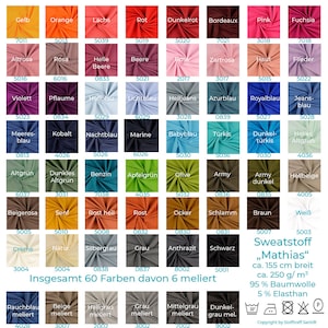 Könnte beinhalten: Eine Karte mit 60 verschiedenen Stoffmustern in unterschiedlichen Farben, mit dem Text "Sweatstoff "Mathias" ca. 155 cm breit ca. 250 g/m² 95% Baumwolle 5% Elasthan" am unteren Rand.