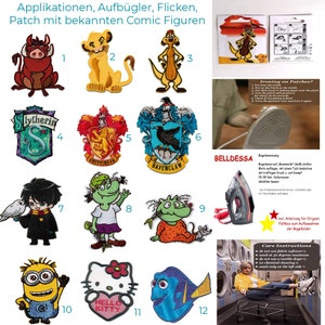 May include: A set of 12 iron-on patches featuring popular cartoon characters, including Simba from The Lion King, Dory from Finding Nemo, and Harry Potter characters. The patches are colourful and detailed, and they are perfect for adding a touch of personality to clothing, bags, or other items.