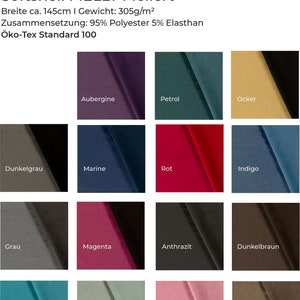 May include: A colour chart displaying 16 different fabric swatches. The swatches are arranged in four rows of four. The colours include aubergine, petrol, ocker, dunkelgrau, marine, rot, indigo, grau, magenta, anthrazit, dunkelbraun, türkis, minze, rosa, and braun. The text "Softshell MELLY Meliert" is at the top of the chart. The text "Breite ca. 145cm I Gewicht: 305g/m²" is below the title. The text "Zusammensetzung: 95% Polyester 5% Elasthan" is below the weight. The text "Öko-Tex Standard 100" is below the composition.