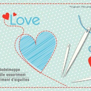 May include: A blue and white heart with a red stitched outline, surrounded by red hearts and the word "Love". The image also includes three white needles and a red heart with a blue thread.