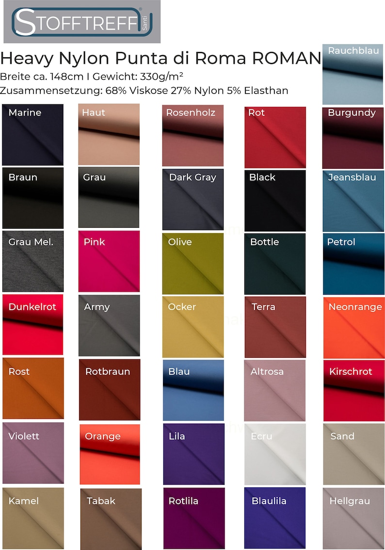 May include: A color chart showing 36 different fabric swatches. The swatches are arranged in a grid of six columns and six rows. Each swatch is labeled with a color name in German. The fabric is described as "Heavy Nylon Punta di Roma ROMAN" with a width of 148 cm and a weight of 330 g/m&sup2;. The fabric composition is 68% viscose, 27% nylon, and 5% elastane.