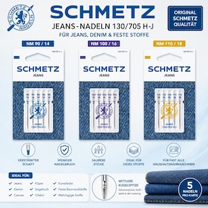 Könnte beinhalten: Drei Packungen Schmetz Jeans Nähmaschinennadeln in den Größen NM 90/14, NM 100/16 und NM 110/18. Jede Packung enthält fünf Nadeln für Jeans und feste Stoffe mit verstärktem Schaft, mittlerer Kugelspitze und blauem Markenlogo.