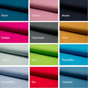 Könnte beinhalten: Eine Sammlung von Stoffmustern in verschiedenen Farben, darunter Petrol, Fuchsia, Kiwi und Rot. Die Muster sind in einem Raster angeordnet und mit ihren jeweiligen Farbnamen in Deutsch beschriftet.