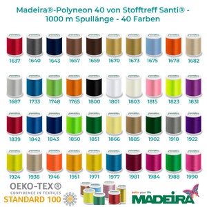 Puede incluir: Una colecci&oacute;n de 40 carretes de hilo Madeira Polyneon, cada carrete contiene 1000 metros de hilo. Los carretes est&aacute;n dispuestos en filas de diez, con cada fila presentando un color de hilo diferente. Los colores incluyen rojo, gris, azul, marr&oacute;n, beige, naranja, blanco, rosa, verde, amarillo y morado.