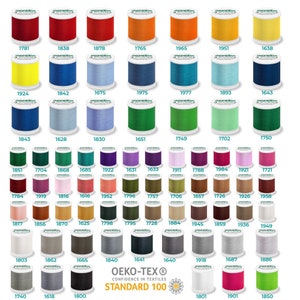 May include: A chart of 100 spools of thread in various colors. The spools are arranged in rows and columns. The spools are labeled with numbers. The chart is labeled "OEKO-TEX&reg; STANDARD 100 CONFIDENCE IN TEXTILES".