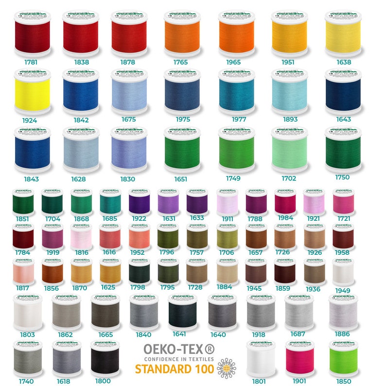 May include: A chart of 100 spools of thread in various colors. The spools are arranged in rows and columns. The spools are labeled with numbers. The chart is labeled "OEKO-TEX&reg; STANDARD 100 CONFIDENCE IN TEXTILES".