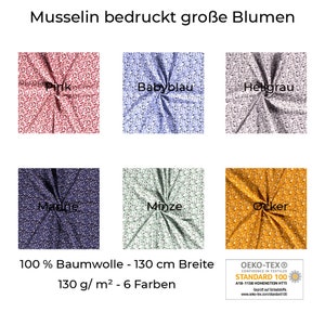 Muslin-Printed-Large Flowers-100% Cotton-130 cm Width-50 cm Steps-Sold by the Meter-Oeko-Tex® Standard 100-6 Colors