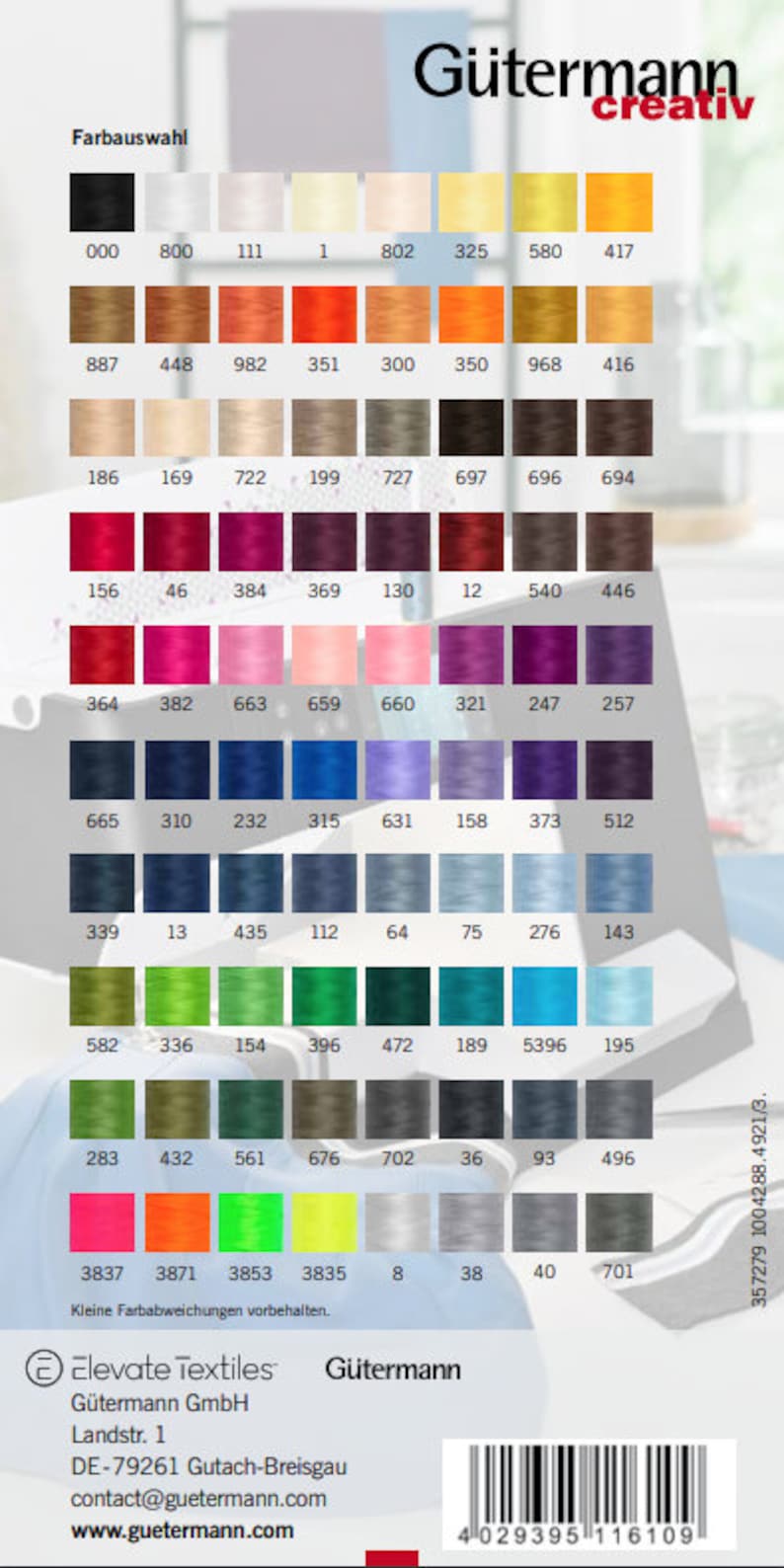 May include: A color chart with 72 different thread colors, numbered and labeled "Farbauswahl" (German for "color selection"). The chart is from G&uuml;termann, a German textile company. The chart also includes the company's logo and website address.