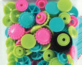 Bouton poussoir Color, Prym Love, fleur, 13,6 mm, turquoise/vert/rose